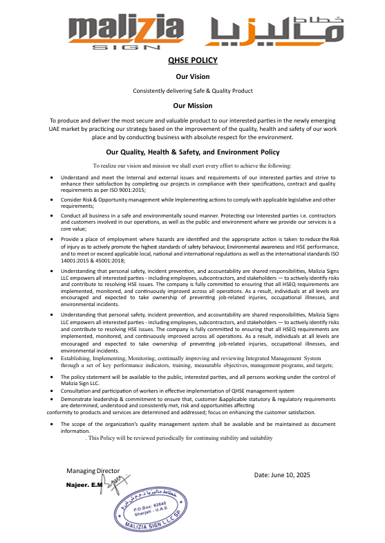 QHSE Policy certificate
